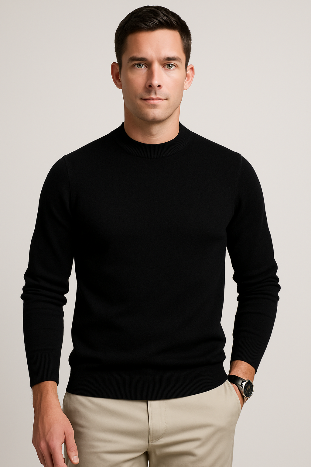 Phoebe | Elegant Men's Cream Crewneck Sweater With Ribbed Details
