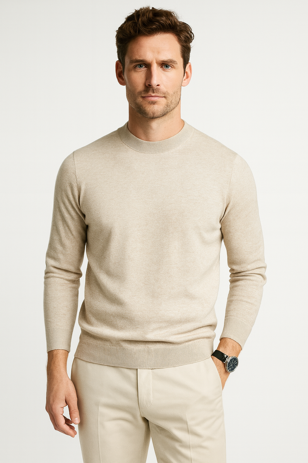 Phoebe | Elegant Men's Cream Crewneck Sweater With Ribbed Details