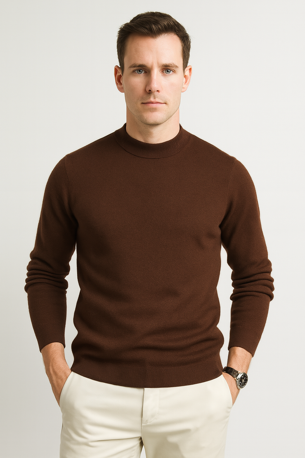 Phoebe | Elegant Men's Cream Crewneck Sweater With Ribbed Details