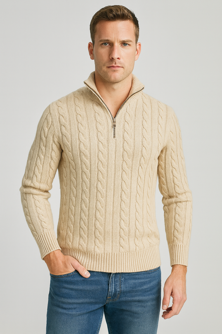 Phoebe | Elegant Men's Grey Cable Knit Quarter Zip Pullover