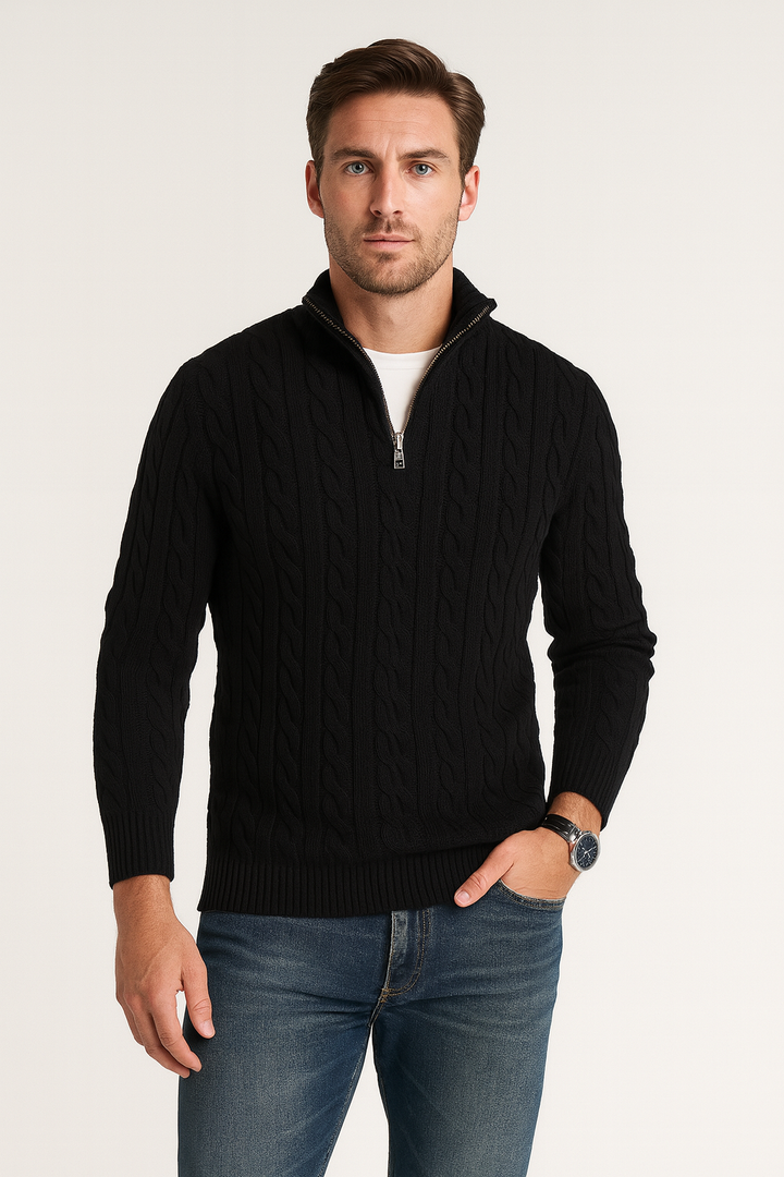 Phoebe | Elegant Men's Grey Cable Knit Quarter Zip Pullover