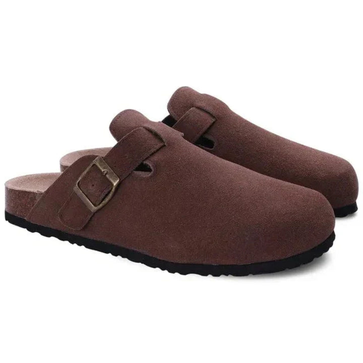 Ava | Stylish Suede Slip-On Clogs With Adjustable Buckle Detail