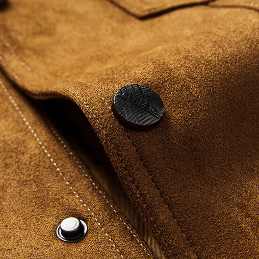 Eliza | Stylish Men's Tan Suede Trucker Jacket With Button Front
