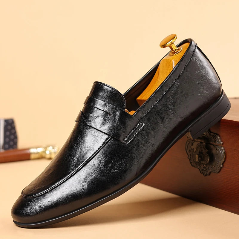 Harper | Sleek Black Leather Slip-On Dress Loafers For Men