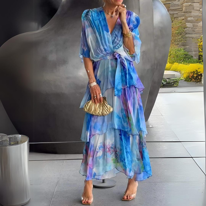 Sybil | Elegant V-Neck Tiered Watercolor Maxi Dress