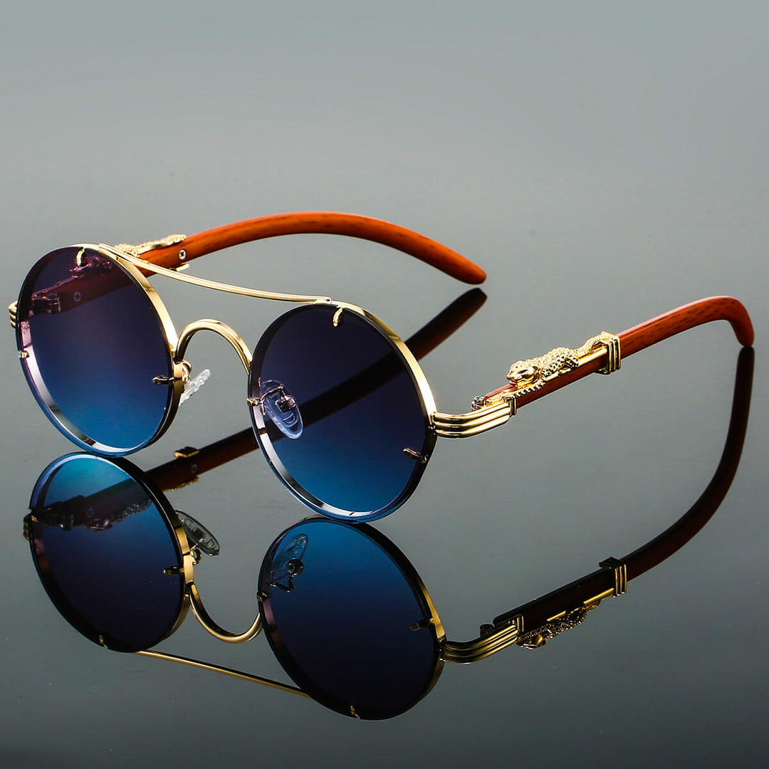 Indira | Vintage Round Blue Lens Sunglasses With Gold Frame