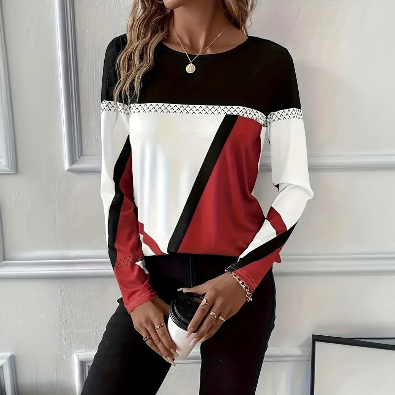 Wren | Stylish Color Block Long Sleeve Top With Geometric Pattern