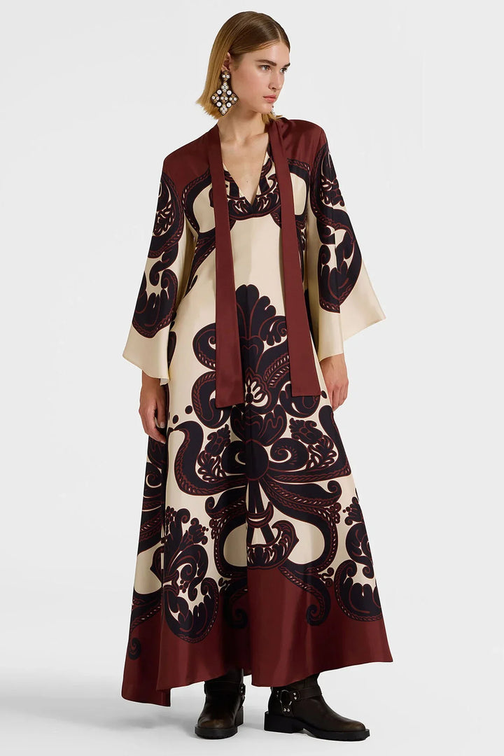 Winifred | Elegant V-Neck Baroque Print Maxi Dress With Bell Sleeves