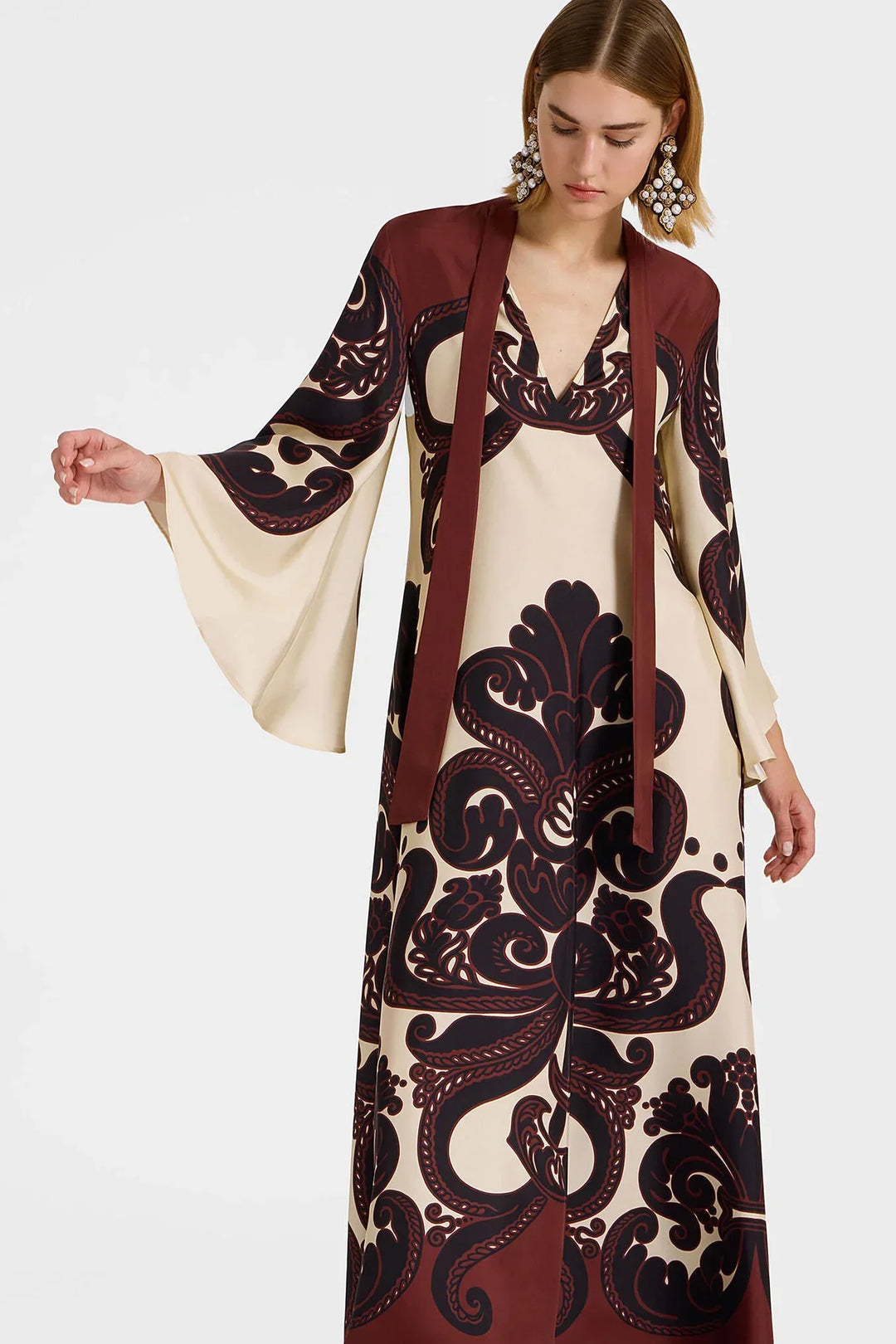 Winifred | Elegant V-Neck Baroque Print Maxi Dress With Bell Sleeves