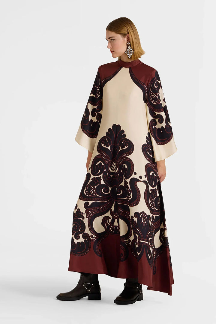 Winifred | Elegant V-Neck Baroque Print Maxi Dress With Bell Sleeves