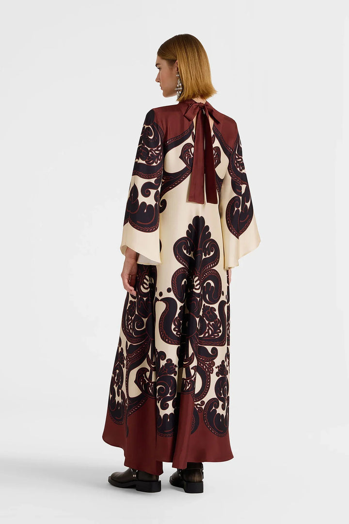 Winifred | Elegant V-Neck Baroque Print Maxi Dress With Bell Sleeves