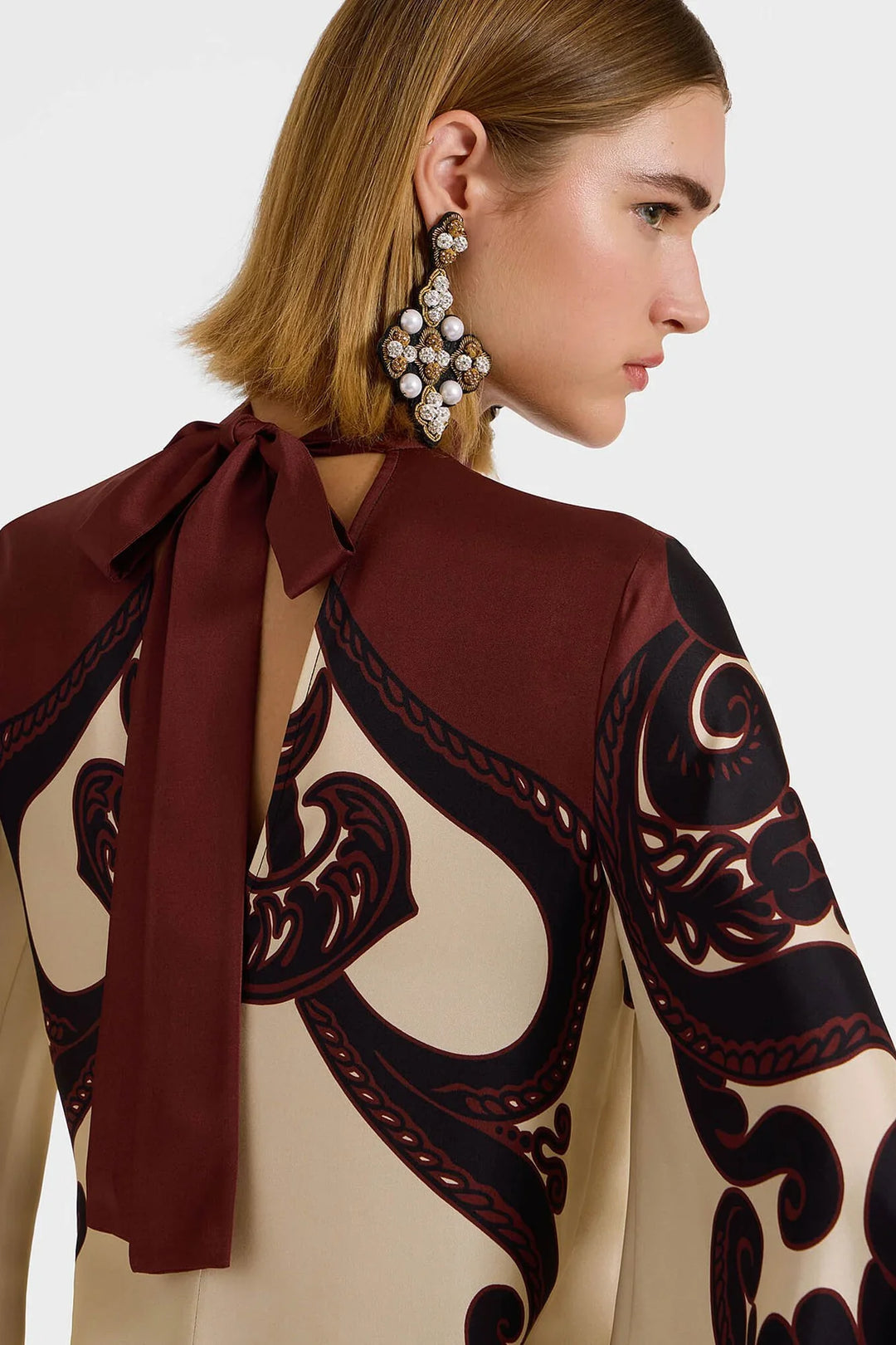 Winifred | Elegant V-Neck Baroque Print Maxi Dress With Bell Sleeves