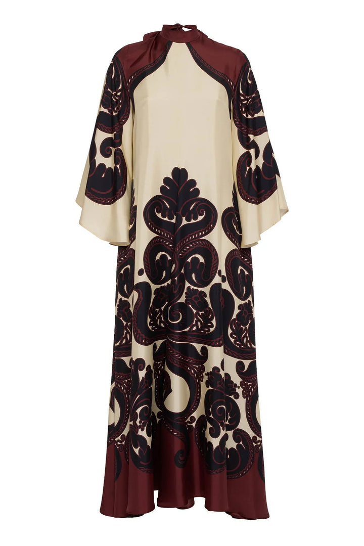 Winifred | Elegant V-Neck Baroque Print Maxi Dress With Bell Sleeves