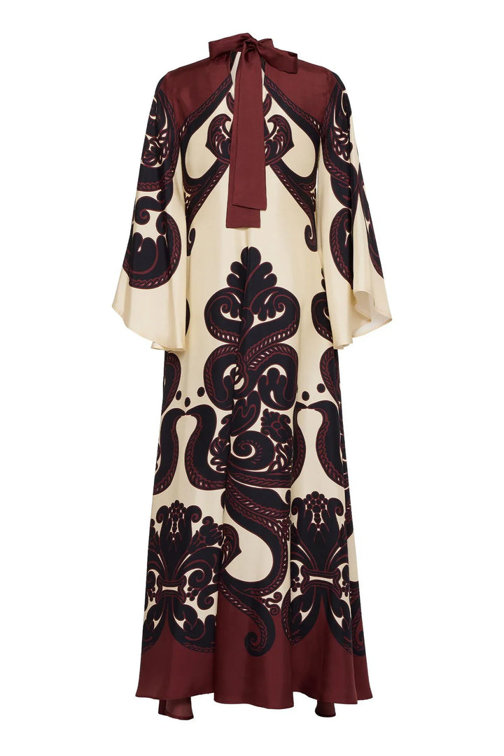 Winifred | Elegant V-Neck Baroque Print Maxi Dress With Bell Sleeves