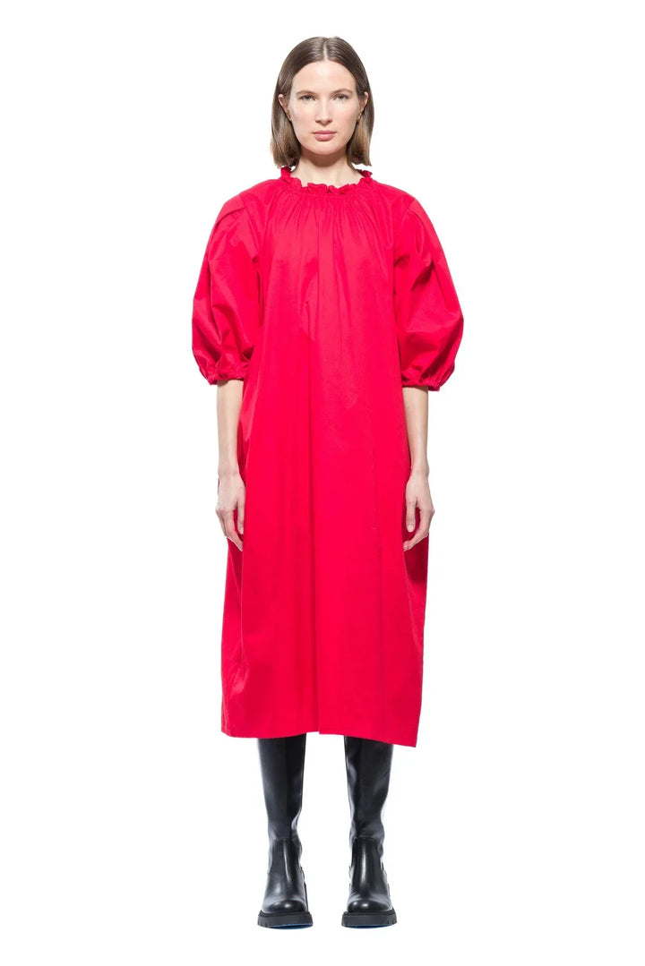 Moonrise | Elegant Puff Sleeve Midi Dress With Ruffle Neckline