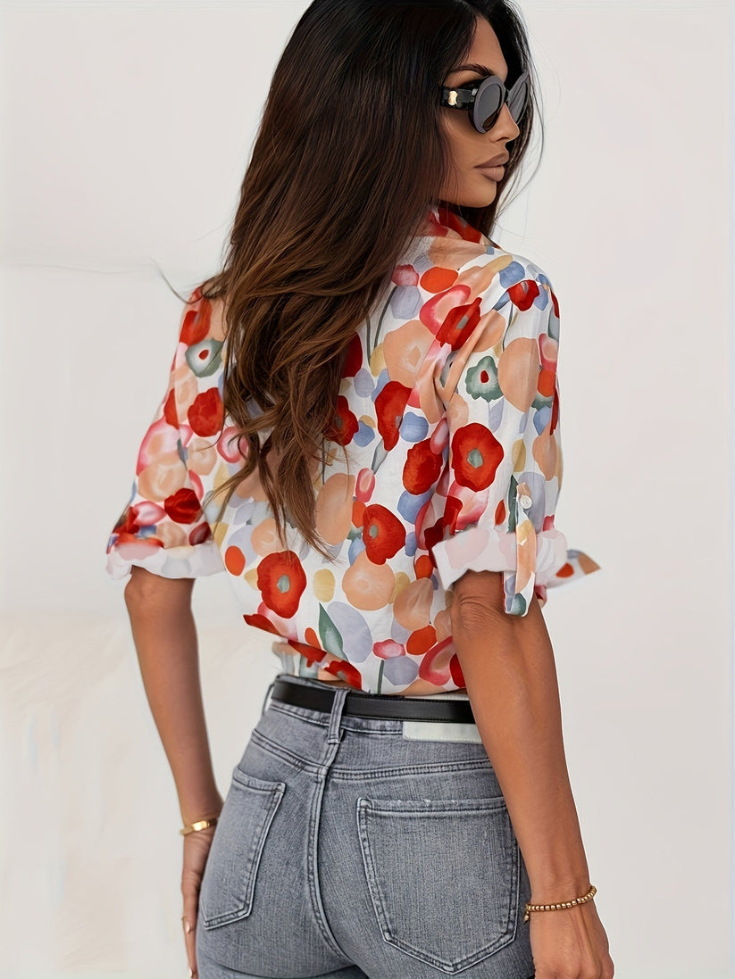 Poppy | Elegant Floral Print Button Up Blouse Long Sleeve