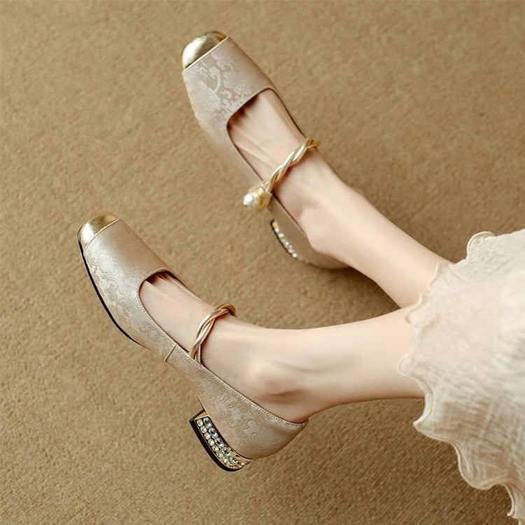 Elena | Elegant Pearl Embellished Mary Jane Low Heel Pumps