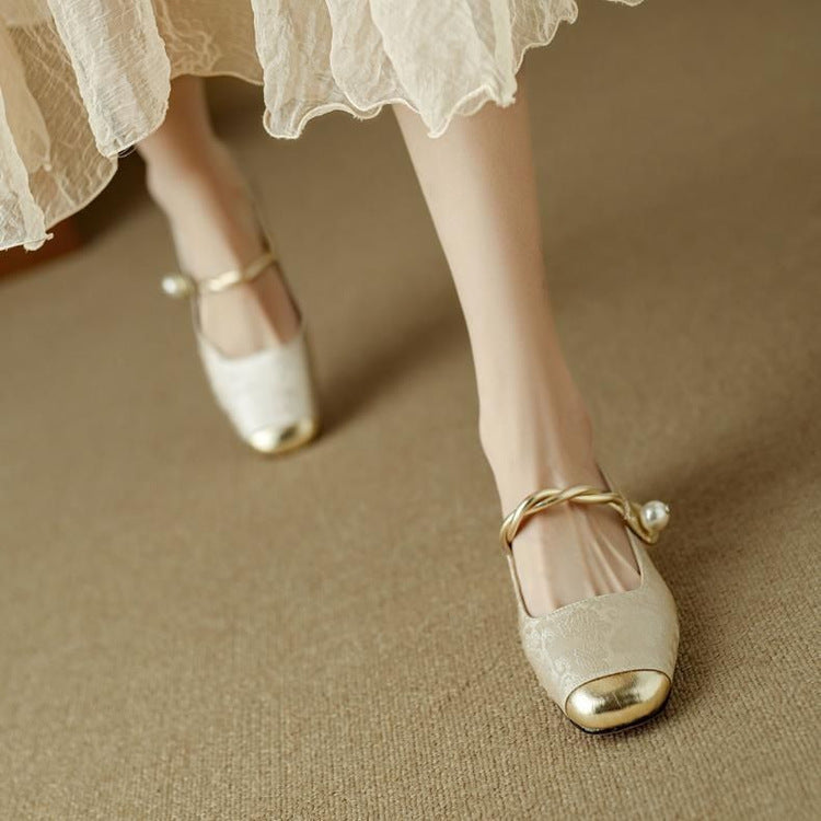 Elena | Elegant Pearl Embellished Mary Jane Low Heel Pumps