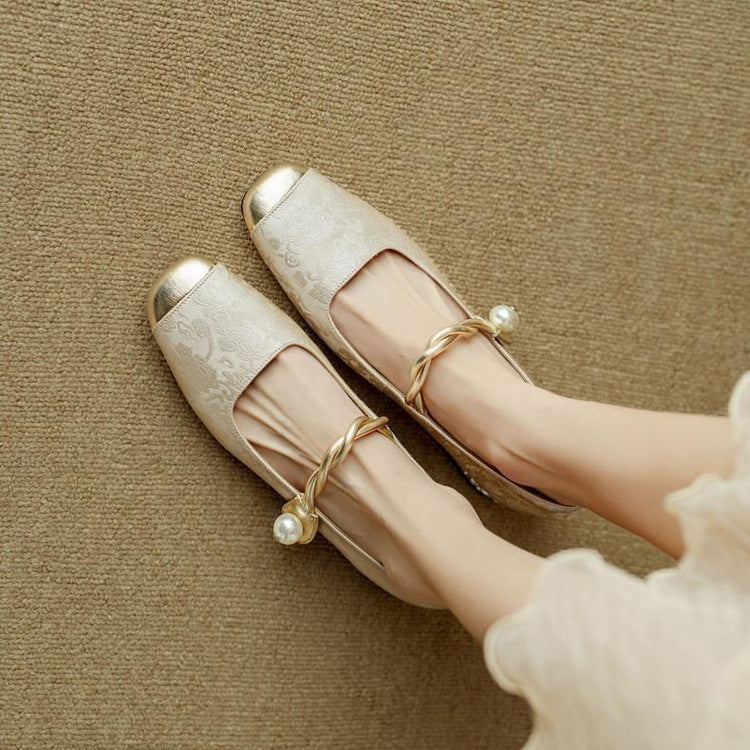 Naila | Elegant Pearl Strap Mary Jane Low Heel Pumps