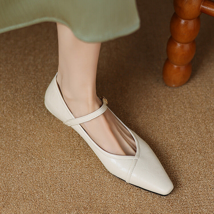 Rosemarie | Elegant Pointed Toe Mary Jane Flats With Ankle Strap