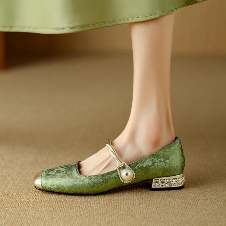 Naila | Elegant Pearl Strap Mary Jane Low Heel Pumps