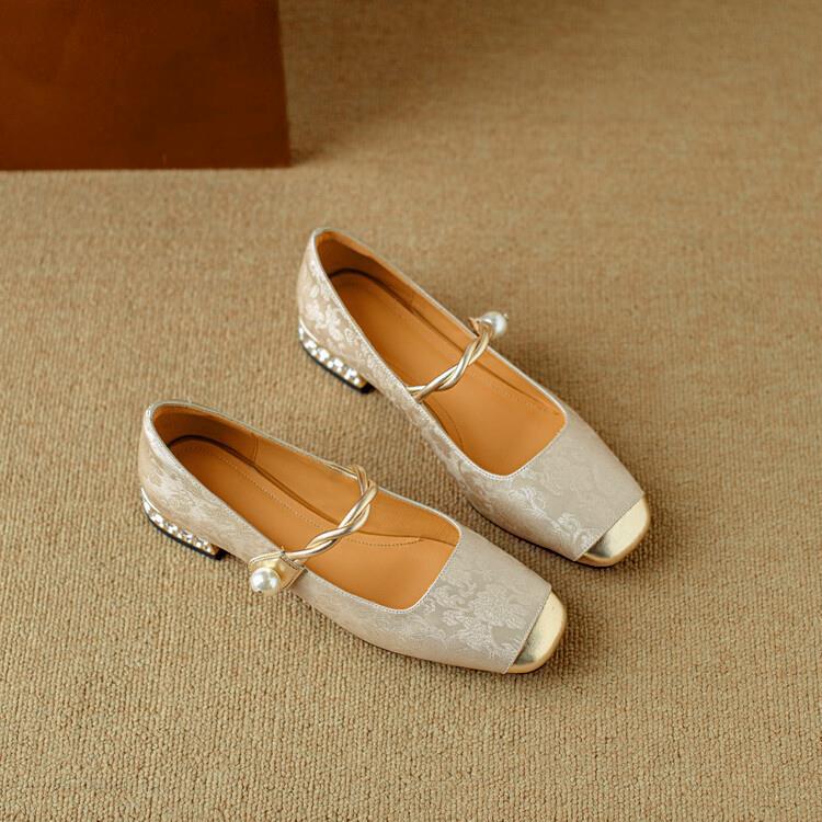 Elena | Elegant Pearl Embellished Mary Jane Low Heel Pumps