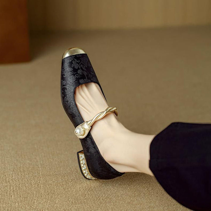 Naila | Elegant Pearl Strap Mary Jane Low Heel Pumps