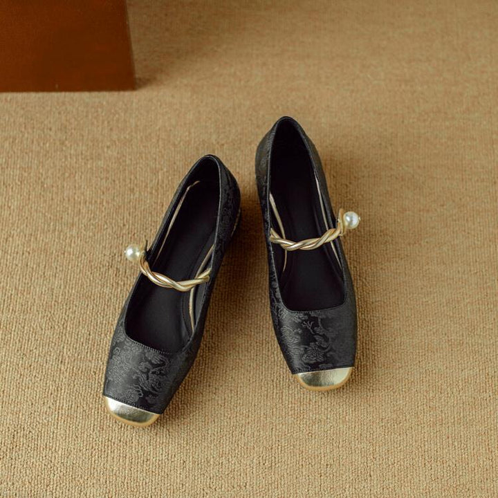 Elena | Elegant Pearl Embellished Mary Jane Low Heel Pumps