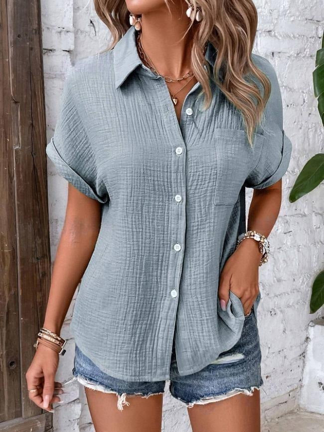 Genevieve | Chic Button-Up Short Sleeve Casual Blouse