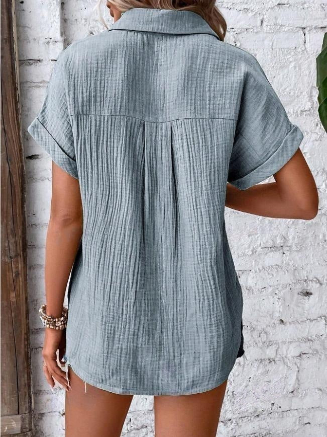 Genevieve | Chic Button-Up Short Sleeve Casual Blouse