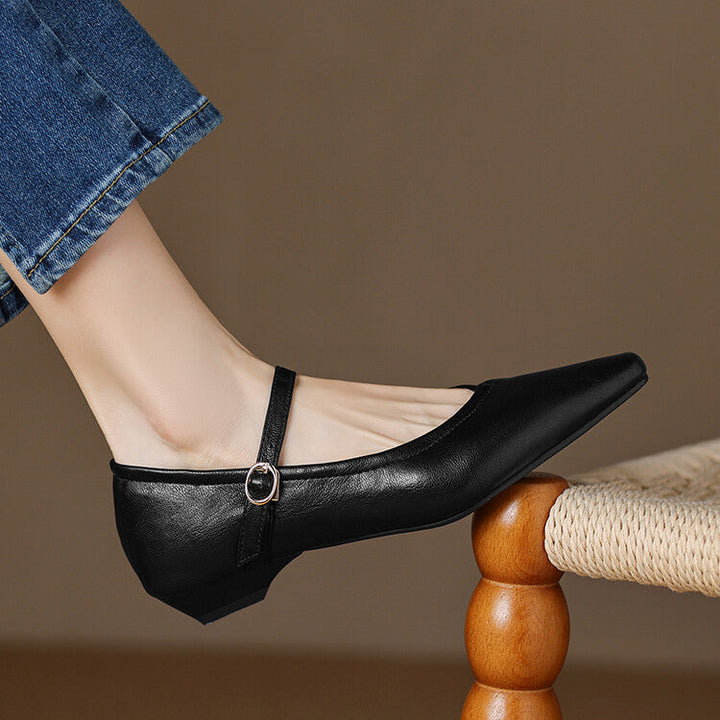 Rosemarie | Elegant Pointed Toe Mary Jane Flats With Ankle Strap