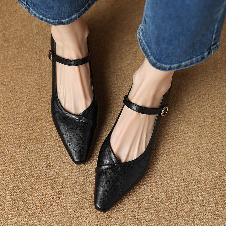 Rosemarie | Elegant Pointed Toe Mary Jane Flats With Ankle Strap
