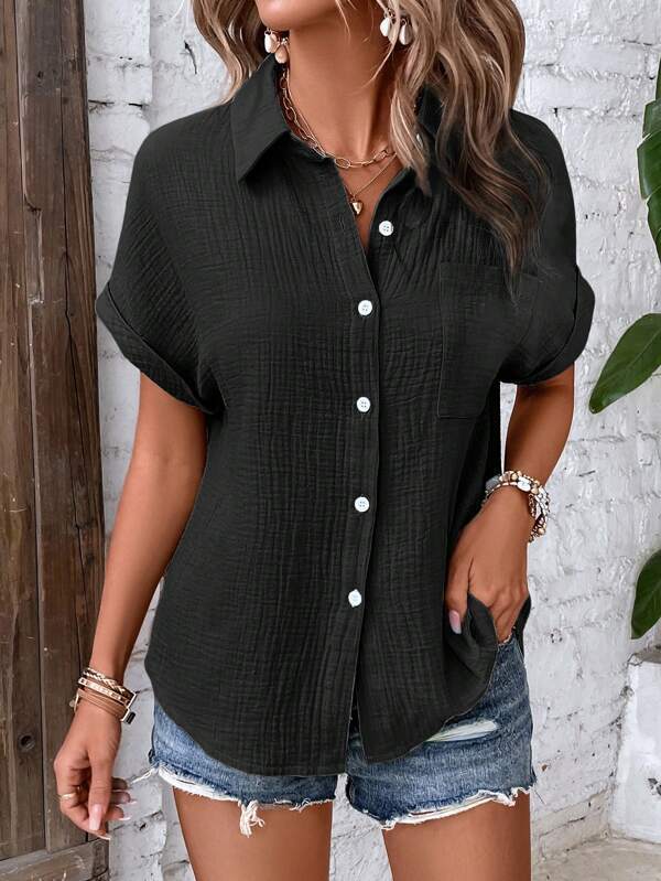 Genevieve | Chic Button-Up Short Sleeve Casual Blouse