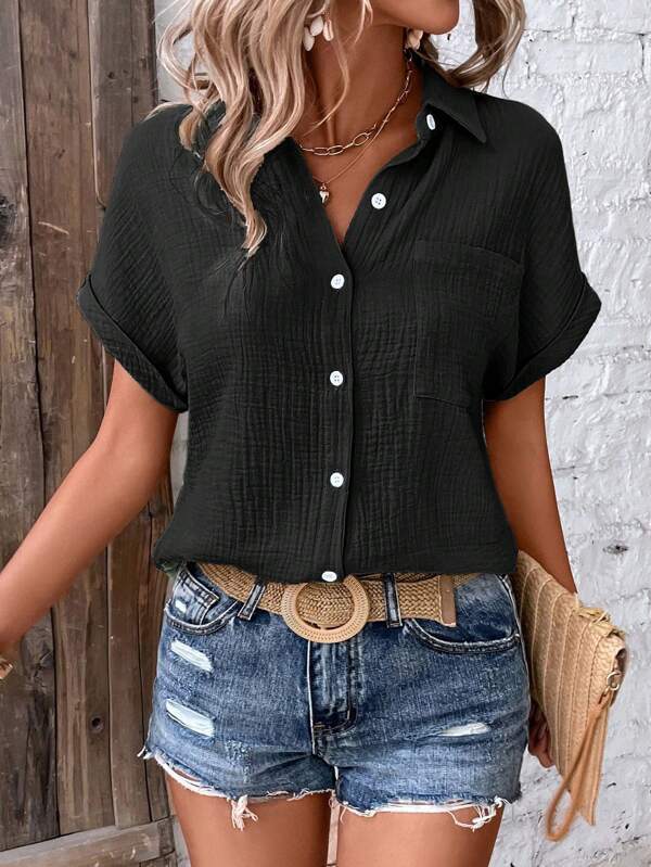 Genevieve | Chic Button-Up Short Sleeve Casual Blouse