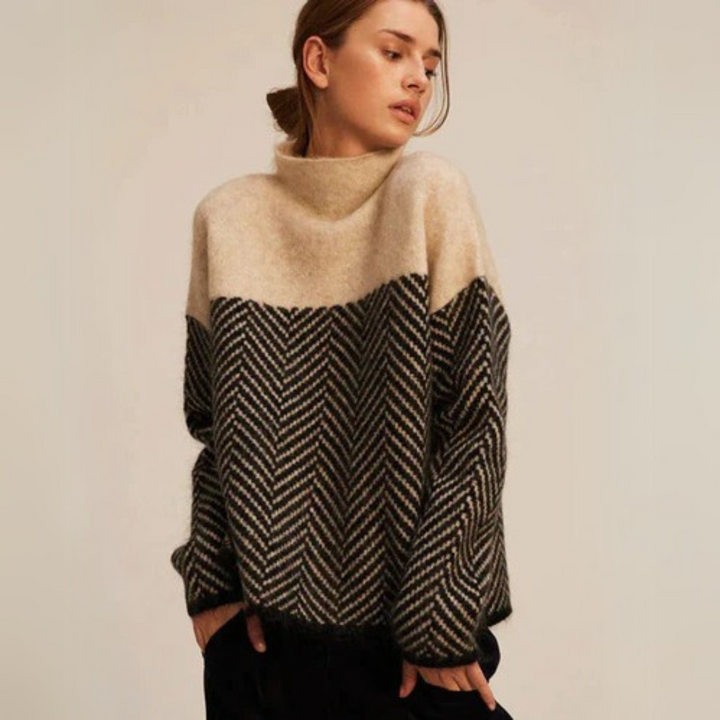Meadow | Stylish Herringbone Colorblock Turtleneck Sweater