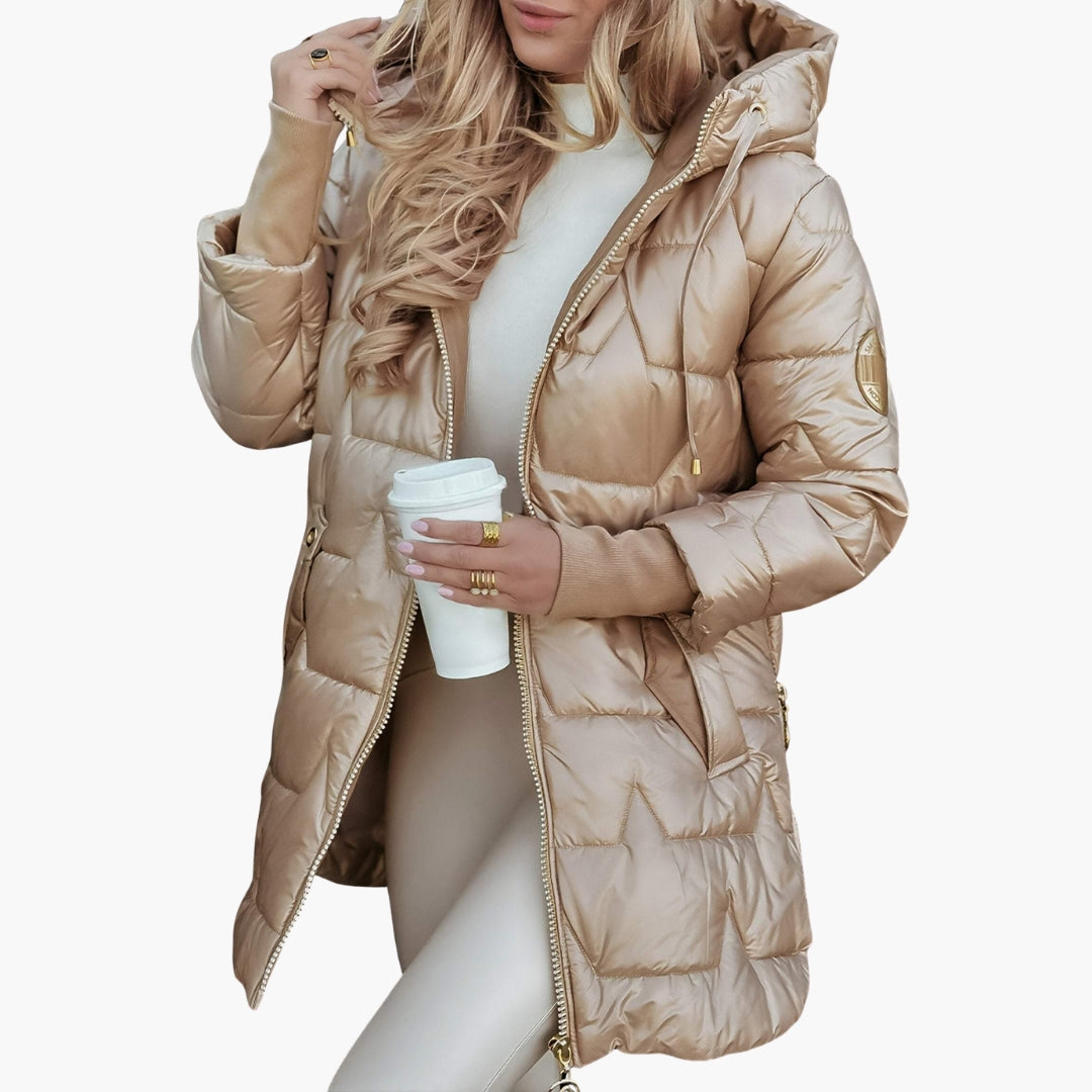 Nora | Elegant Hooded Quilted Long Puffer Coat With Zip Front