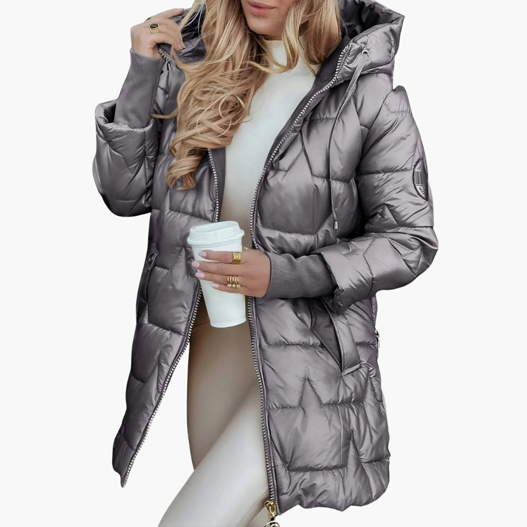 Nora | Elegant Hooded Quilted Long Puffer Coat With Zip Front
