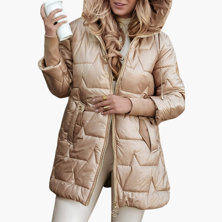 Nora | Elegant Hooded Quilted Long Puffer Coat With Zip Front