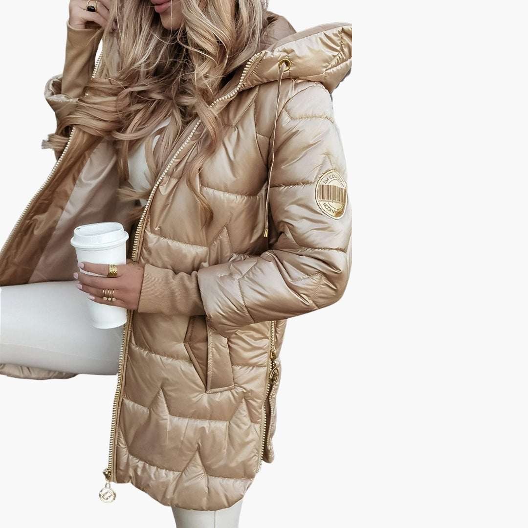 Nora | Elegant Hooded Quilted Long Puffer Coat With Zip Front