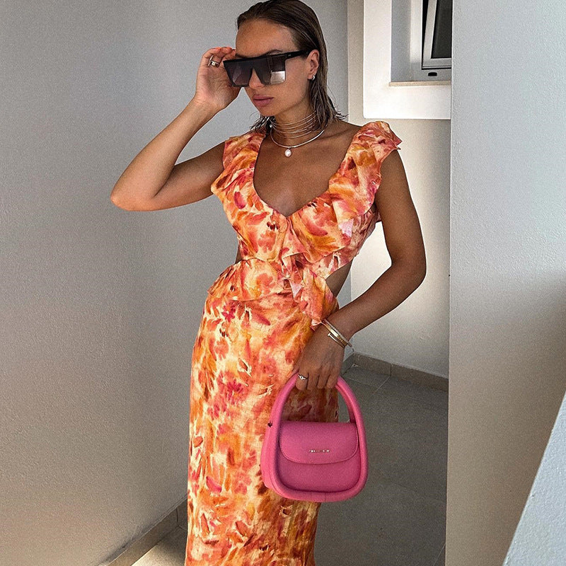 Sybil | Stylish Floral V-Neck Ruffle Maxi Dress