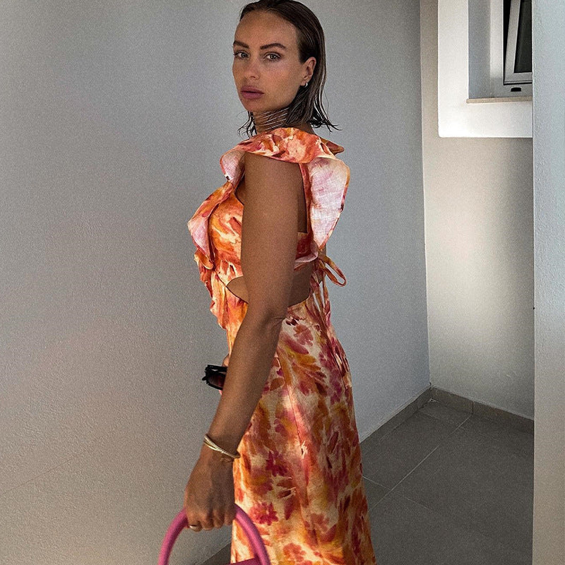 Sybil | Stylish Floral V-Neck Ruffle Maxi Dress