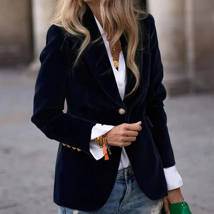 Eliza | Elegant Navy Velvet Blazer With Gold Button Details