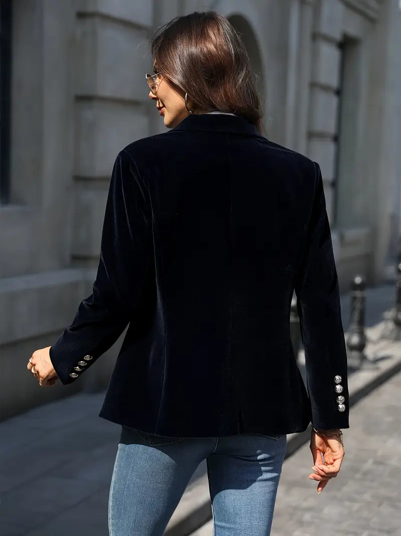 Eliza | Elegant Navy Velvet Blazer With Gold Button Details