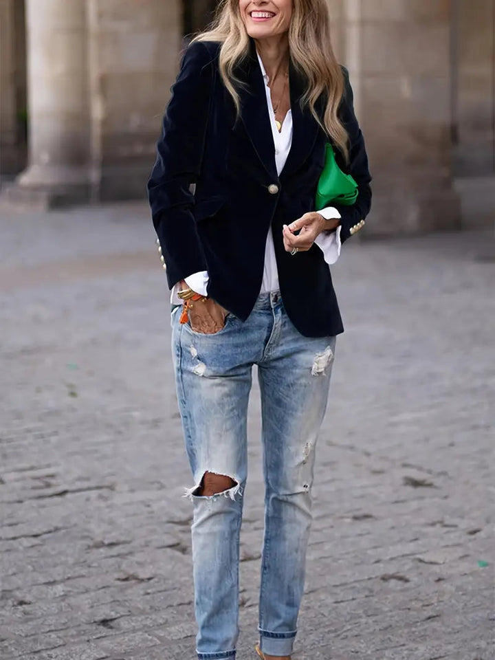Eliza | Elegant Navy Velvet Blazer With Gold Button Details