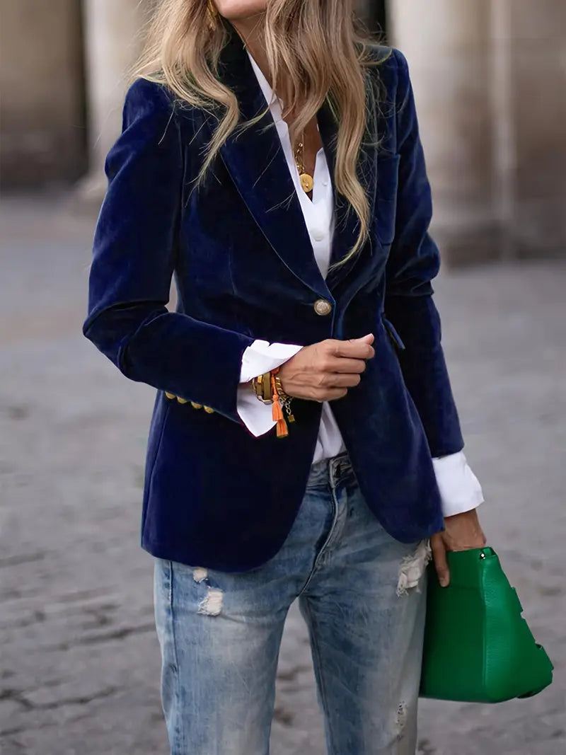 Eliza | Elegant Navy Velvet Blazer With Gold Button Details
