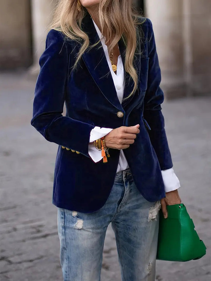Eliza | Elegant Navy Velvet Blazer With Gold Button Details