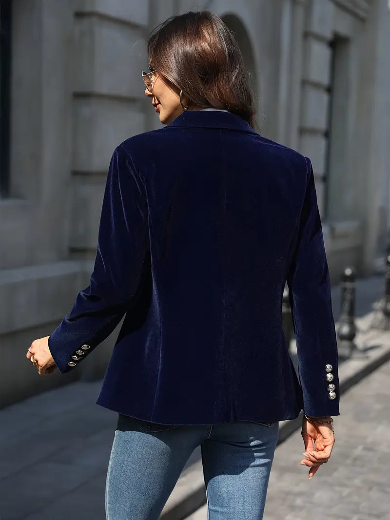 Eliza | Elegant Navy Velvet Blazer With Gold Button Details