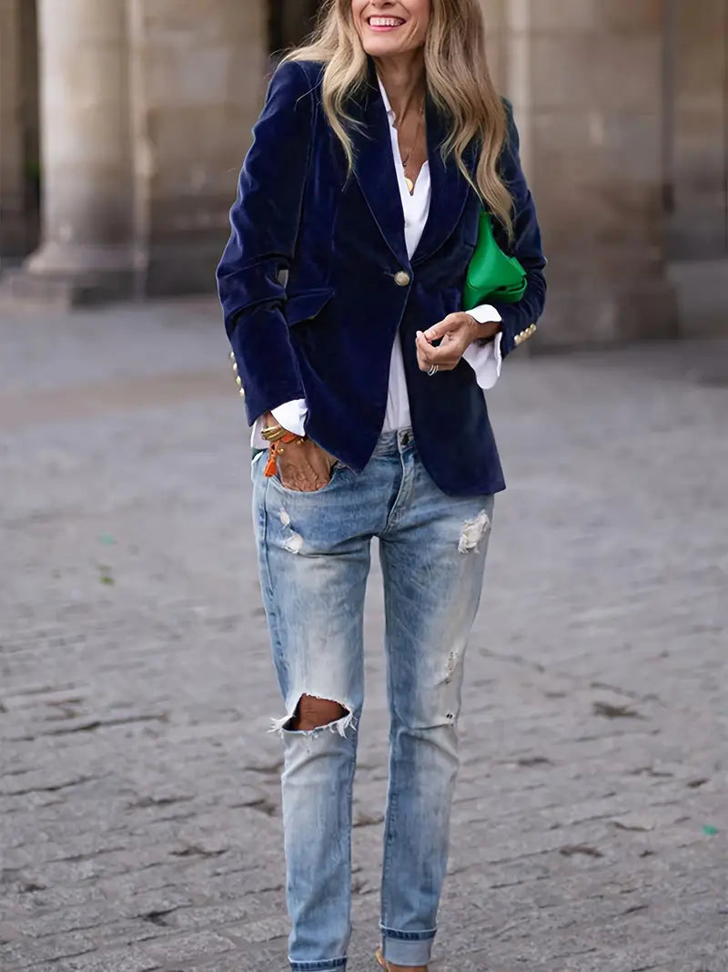 Eliza | Elegant Navy Velvet Blazer With Gold Button Details