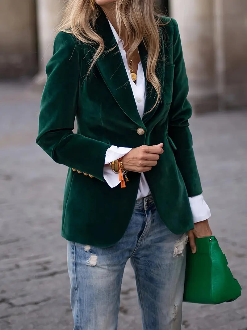 Eliza | Elegant Navy Velvet Blazer With Gold Button Details