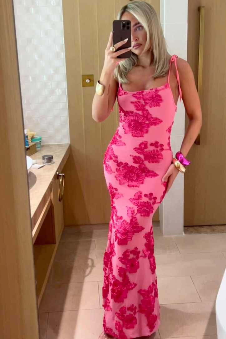 Sybil | Elegant Floral Embroidered Maxi Dress With Tie Straps